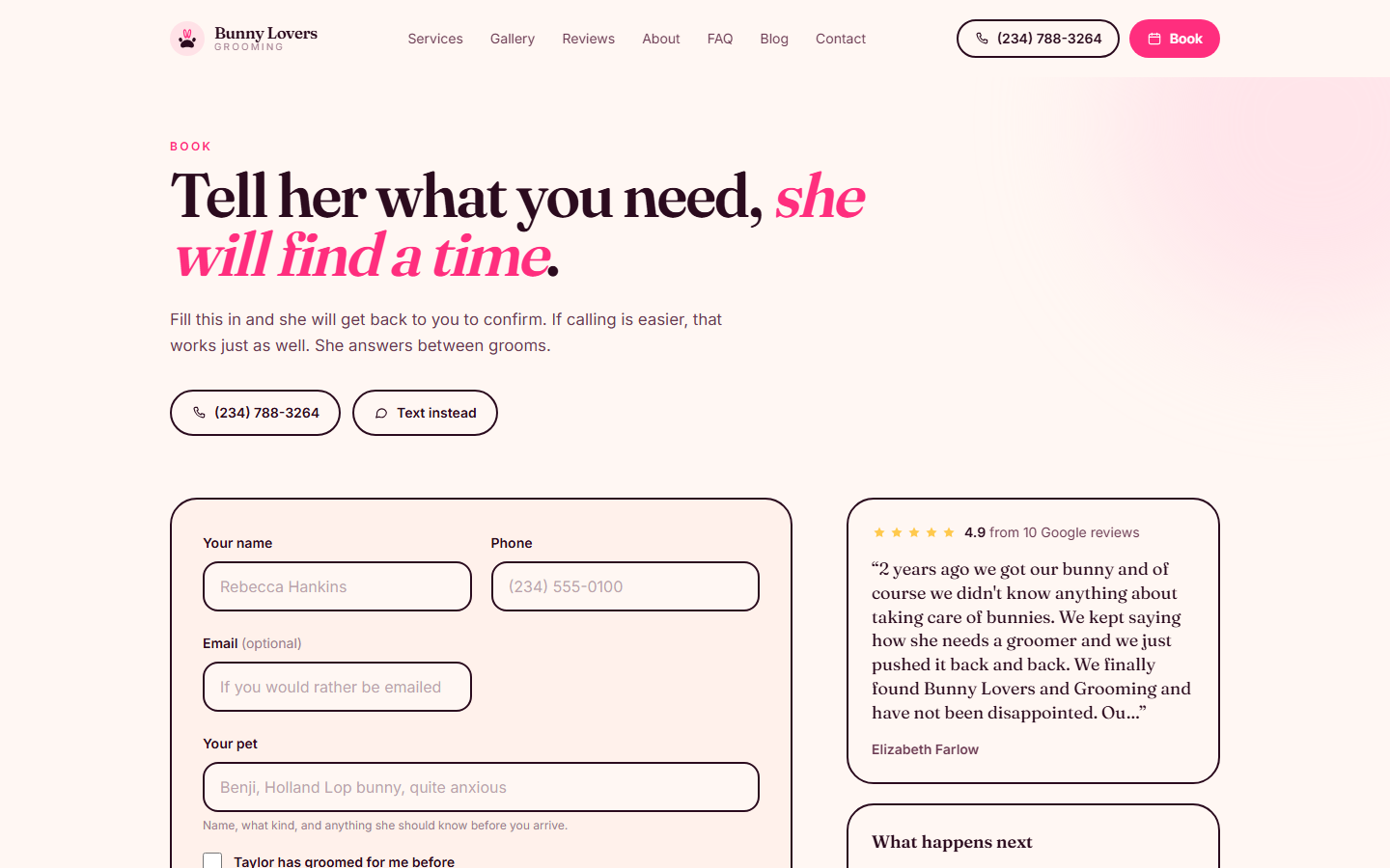 Bunny Lovers booking page: a request form next to a Google review